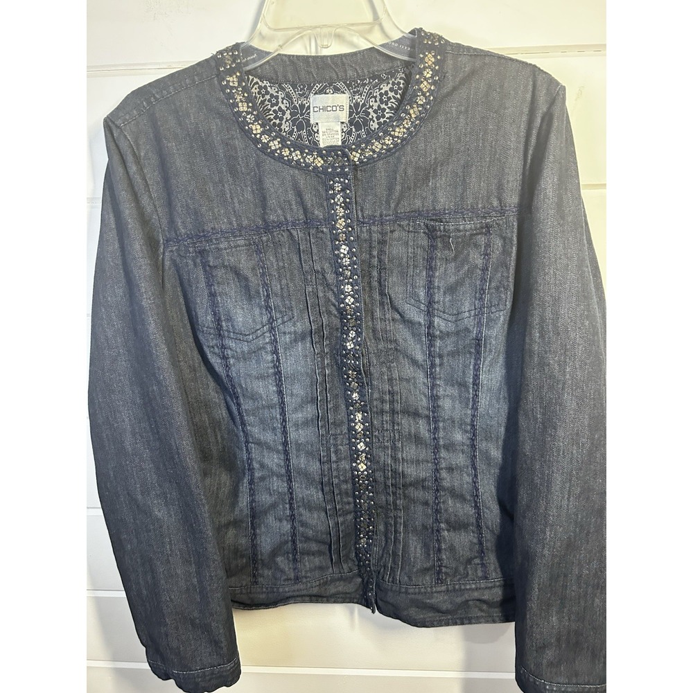 CHICOS Size 2 Blue Denim Ladies Size 12 or Large Embellished Snap Front Jacket